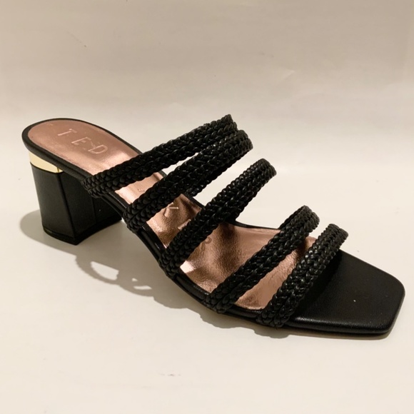 Ted Baker Emalia Gold Leather Slides Braided Straps Sandals Block Heel Mule Pump - Picture 9 of 9